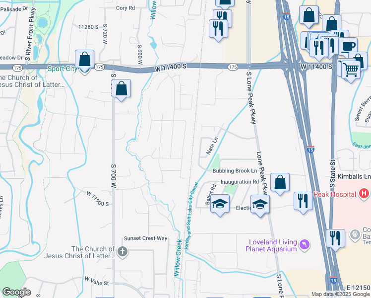 map of restaurants, bars, coffee shops, grocery stores, and more near 11699 South Halls Creek Road in Draper