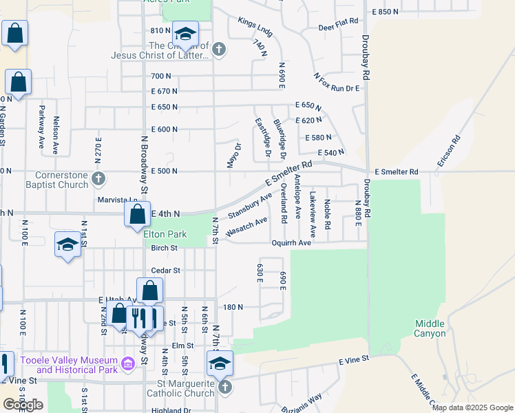 map of restaurants, bars, coffee shops, grocery stores, and more near 608 Stansbury Avenue in Tooele