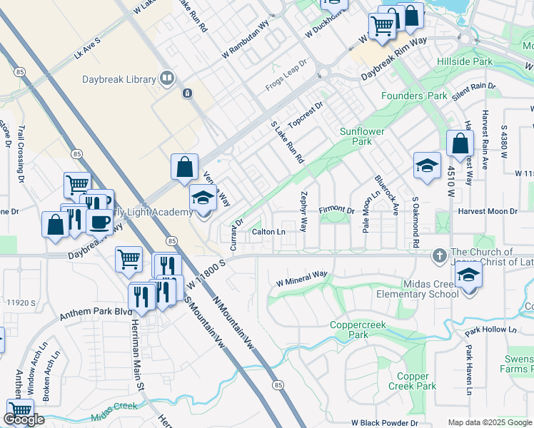 map of restaurants, bars, coffee shops, grocery stores, and more near 11692 Grandville Avenue in South Jordan