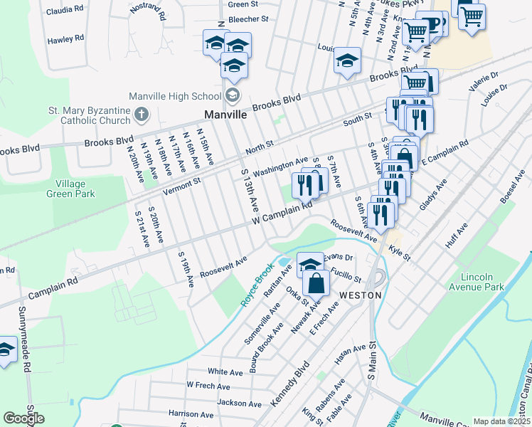 map of restaurants, bars, coffee shops, grocery stores, and more near 1216 West Camplain Road in Manville