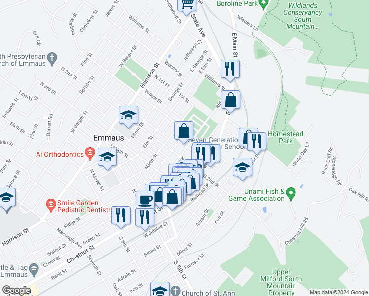 map of restaurants, bars, coffee shops, grocery stores, and more near 181 Ridge Street in Emmaus