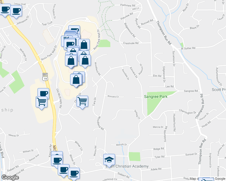 map of restaurants, bars, coffee shops, grocery stores, and more near 107 Sloan Court in Pittsburgh