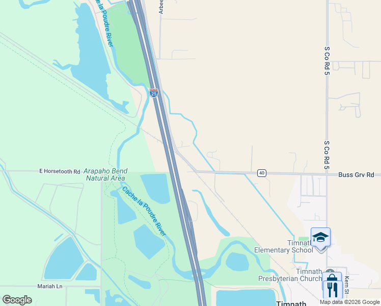 map of restaurants, bars, coffee shops, grocery stores, and more near 3488 Frontage Road in Fort Collins