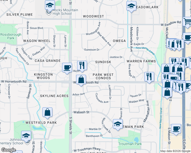 map of restaurants, bars, coffee shops, grocery stores, and more near 3565 Windmill Drive in Fort Collins