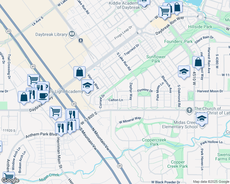 map of restaurants, bars, coffee shops, grocery stores, and more near 11692 Grandville Avenue in South Jordan