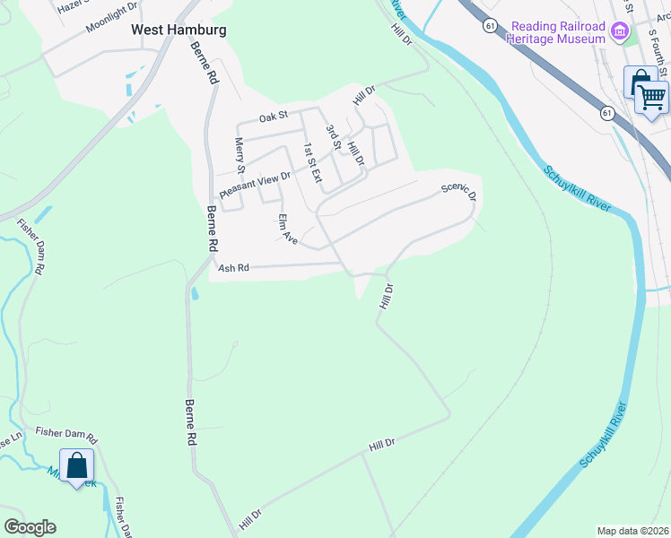 map of restaurants, bars, coffee shops, grocery stores, and more near 303 Hill Drive in Hamburg