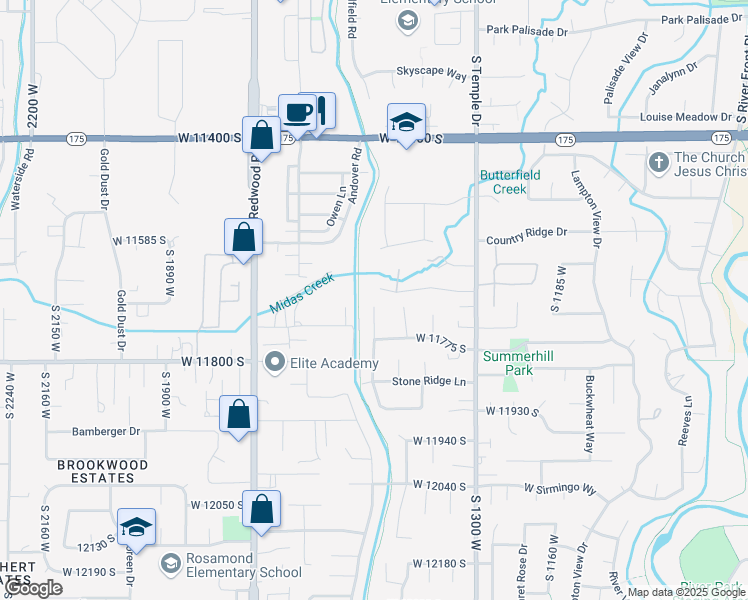 map of restaurants, bars, coffee shops, grocery stores, and more near 11694 Stone Crest Circle in Riverton
