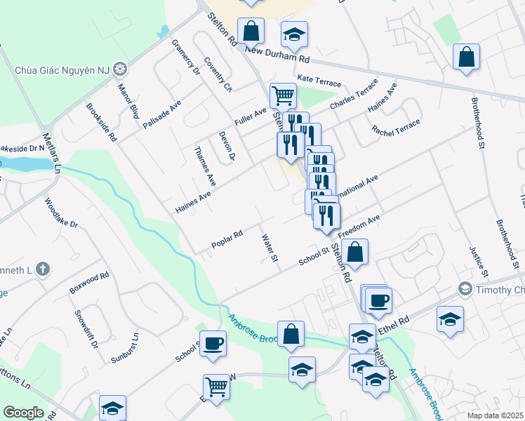 map of restaurants, bars, coffee shops, grocery stores, and more near 6 Halley Court in Piscataway