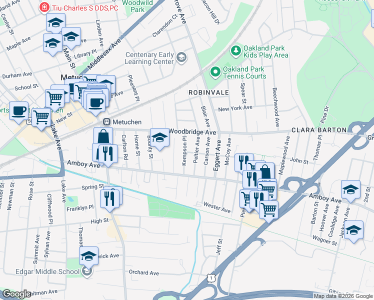 map of restaurants, bars, coffee shops, grocery stores, and more near 56 Kempson Place in Metuchen