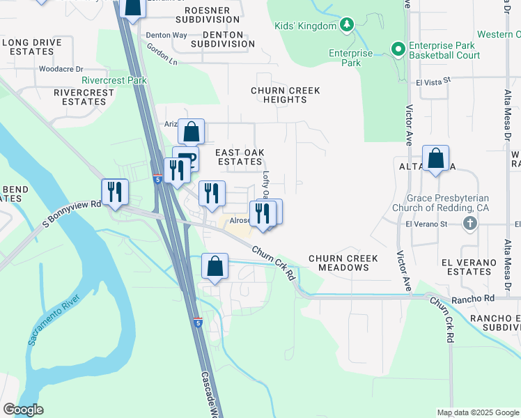 map of restaurants, bars, coffee shops, grocery stores, and more near 4868 Lofty Oak Drive in Redding