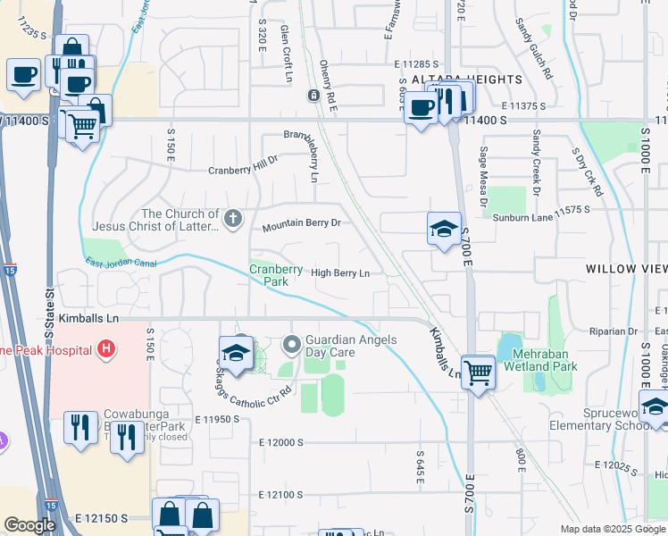 map of restaurants, bars, coffee shops, grocery stores, and more near 471 High Berry Lane in Draper
