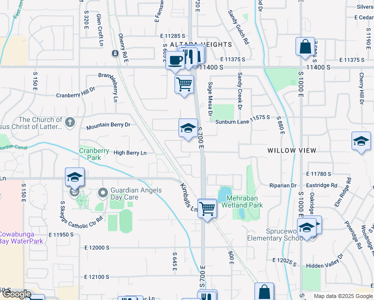 map of restaurants, bars, coffee shops, grocery stores, and more near 655 Auburn Fields Way in Salt Lake City