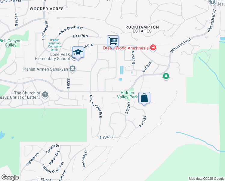 map of restaurants, bars, coffee shops, grocery stores, and more near 11683 South 2460 East in Sandy
