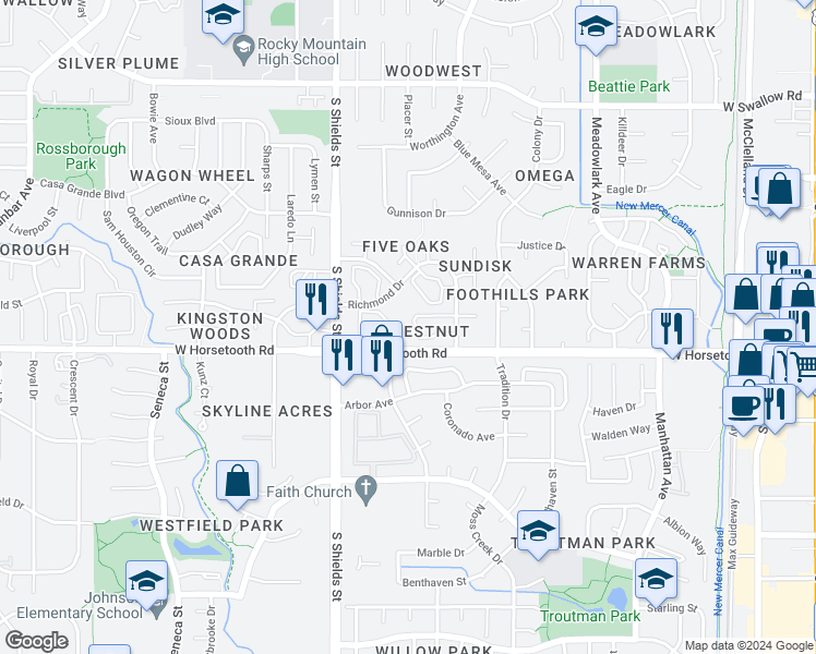 map of restaurants, bars, coffee shops, grocery stores, and more near 3565 Windmill Drive in Fort Collins