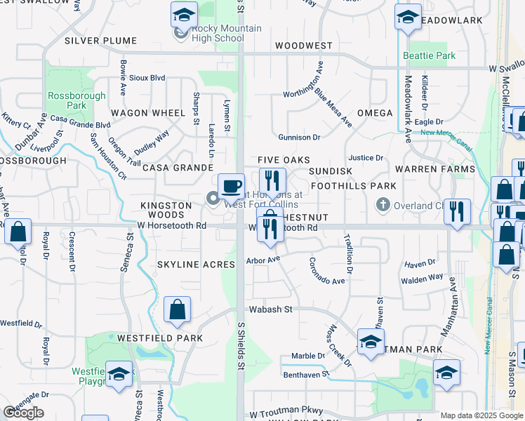 map of restaurants, bars, coffee shops, grocery stores, and more near 970 West Horsetooth Road in Fort Collins
