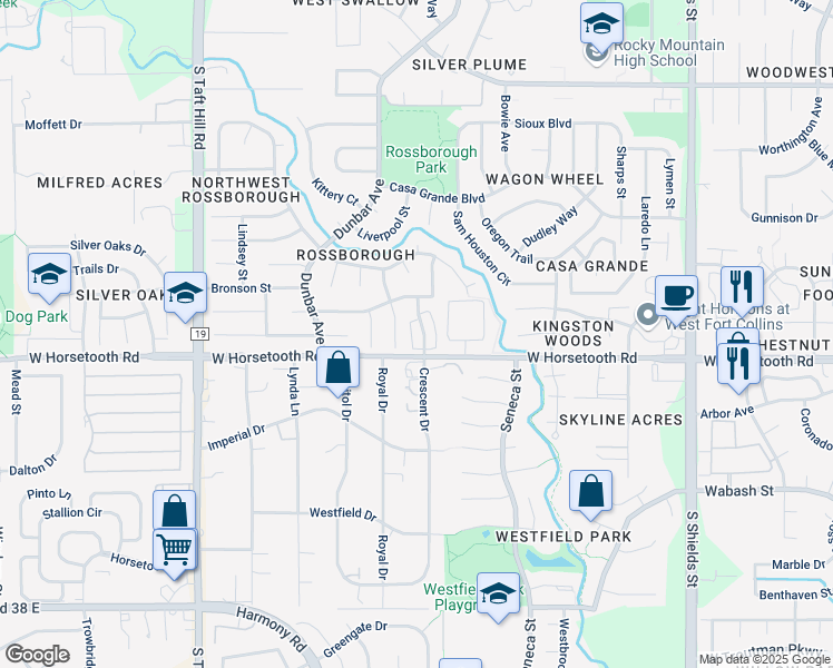 map of restaurants, bars, coffee shops, grocery stores, and more near 3527 Big Ben Drive in Fort Collins