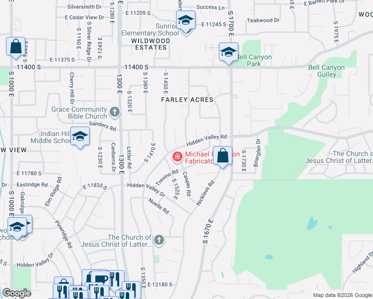 map of restaurants, bars, coffee shops, grocery stores, and more near 1573 Hidden Valley Road in Sandy