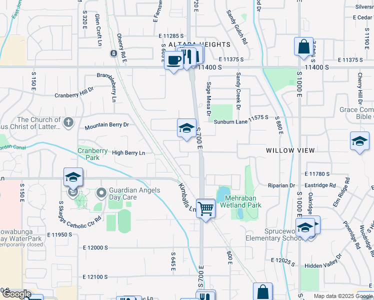 map of restaurants, bars, coffee shops, grocery stores, and more near 11687 Auburn Fields Way in Draper
