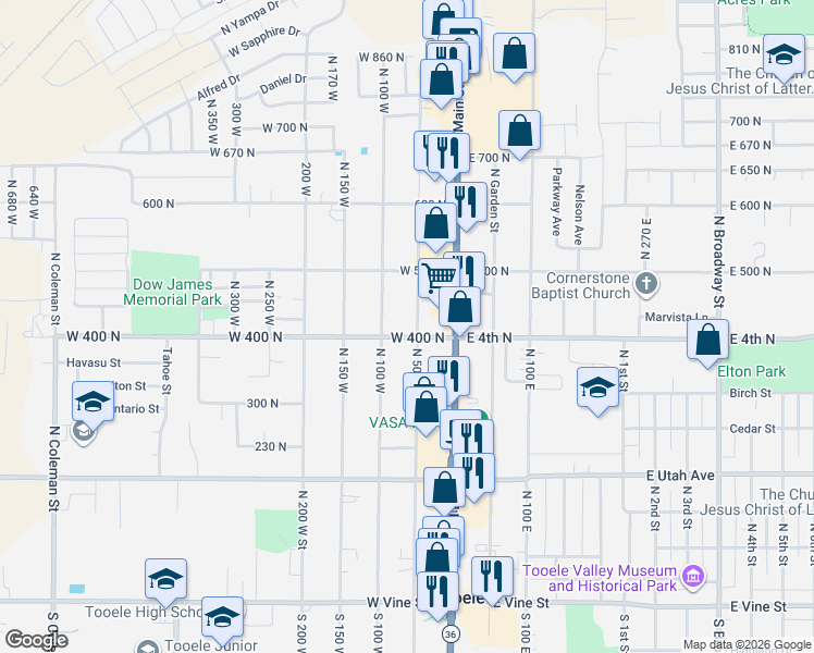 map of restaurants, bars, coffee shops, grocery stores, and more near 72 West 400 North in Tooele