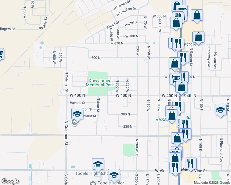 map of restaurants, bars, coffee shops, grocery stores, and more near 437 Jason Avenue in Tooele