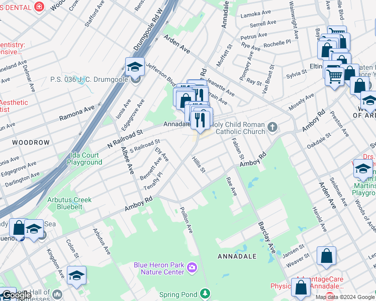 map of restaurants, bars, coffee shops, grocery stores, and more near 932 Annadale Road in Staten Island