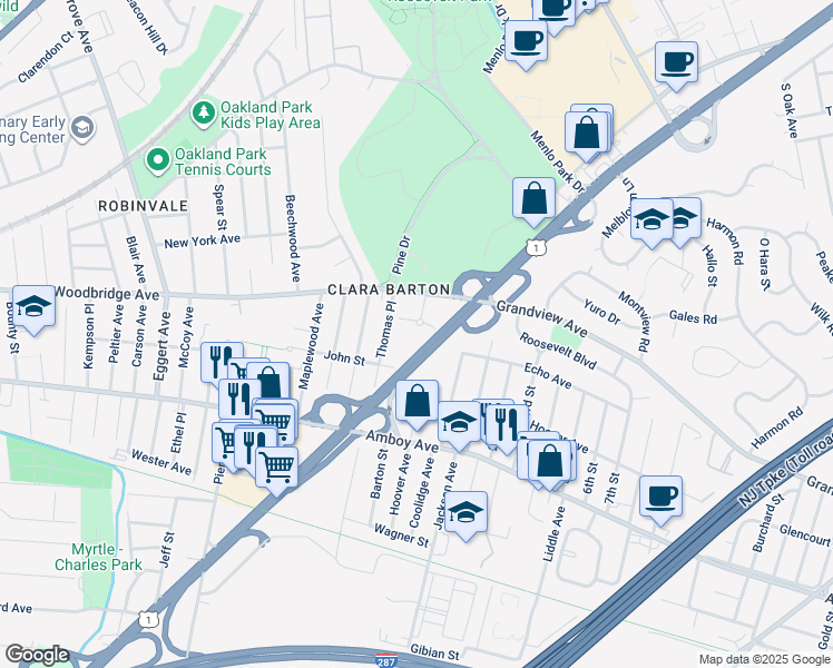 map of restaurants, bars, coffee shops, grocery stores, and more near 1 Garfield Park in Edison