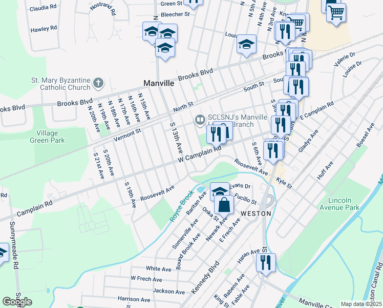 map of restaurants, bars, coffee shops, grocery stores, and more near 159 South 13th Avenue in Manville