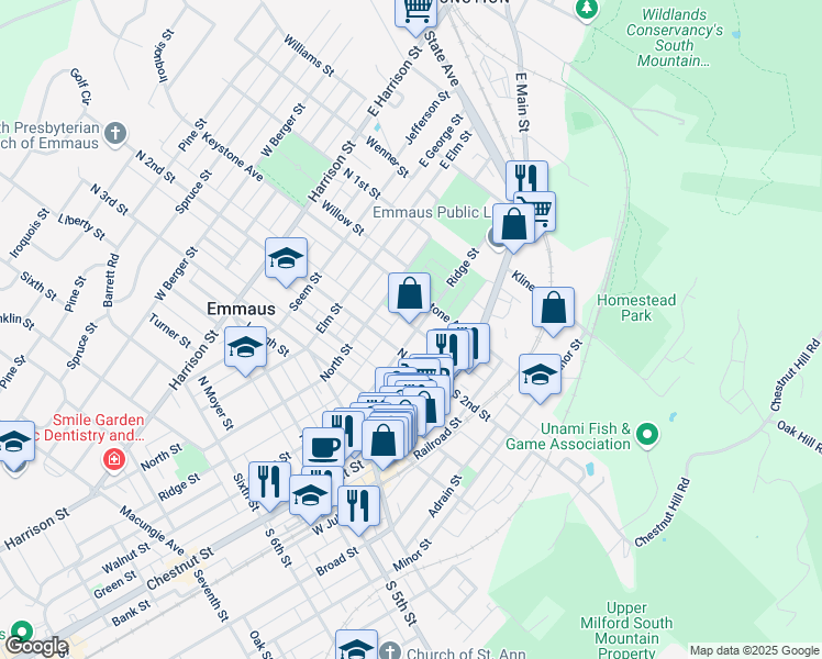 map of restaurants, bars, coffee shops, grocery stores, and more near 183 Ridge Street in Emmaus