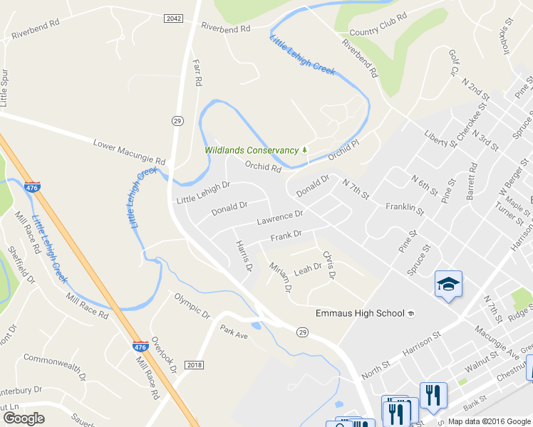 map of restaurants, bars, coffee shops, grocery stores, and more near 901 Lawrence Dr in Emmaus