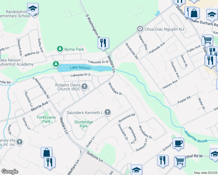 map of restaurants, bars, coffee shops, grocery stores, and more near 6 Woodlake Drive in Piscataway