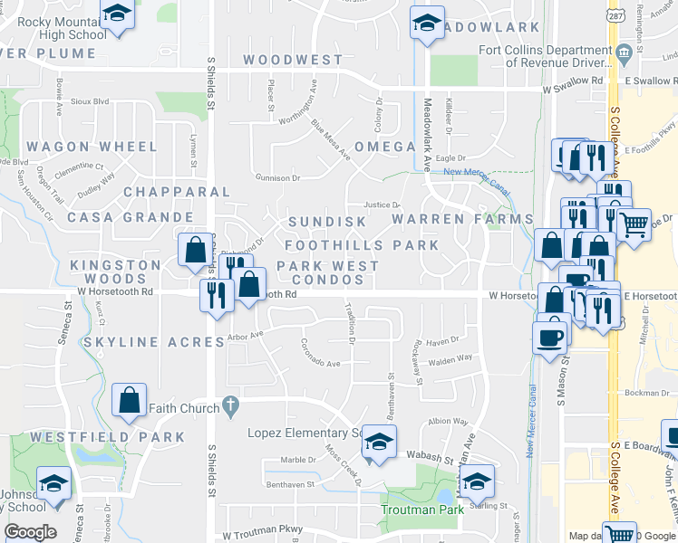 map of restaurants, bars, coffee shops, grocery stores, and more near 3555 Tradition Drive in Fort Collins