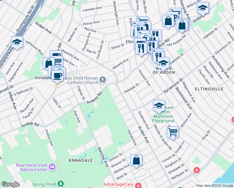 map of restaurants, bars, coffee shops, grocery stores, and more near 565 Oakdale Street in Staten Island