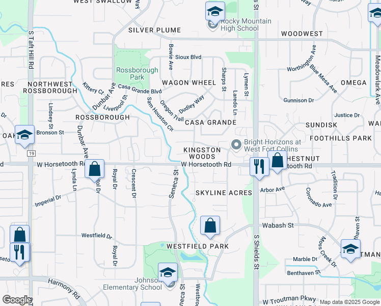 map of restaurants, bars, coffee shops, grocery stores, and more near Sanford Drive in Fort Collins