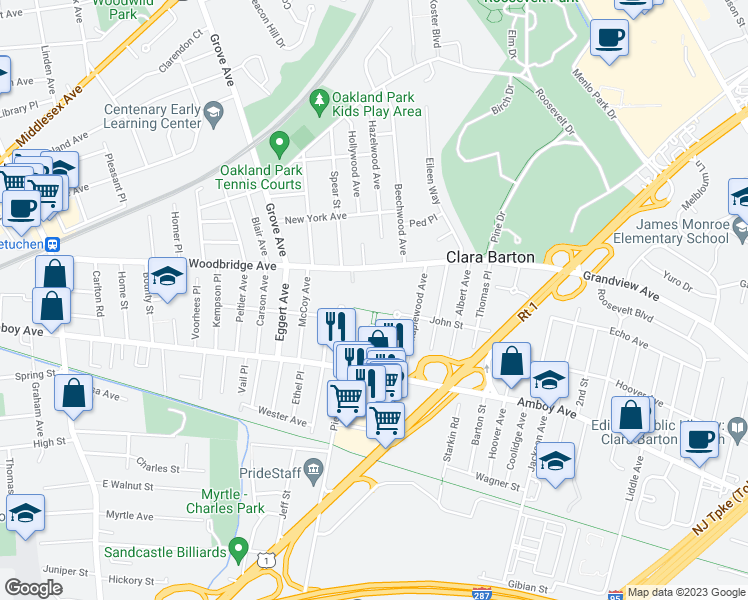 map of restaurants, bars, coffee shops, grocery stores, and more near 39 Woodbridge Avenue in Metuchen