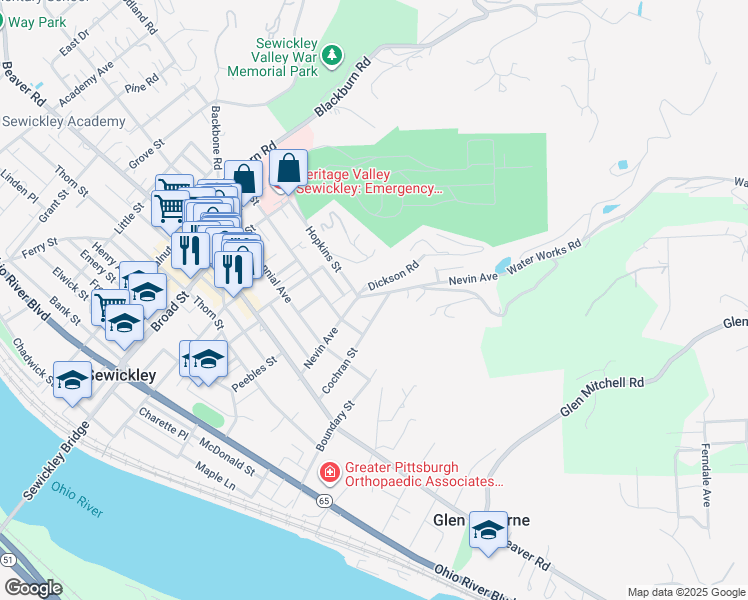 map of restaurants, bars, coffee shops, grocery stores, and more near 808 Nevin Avenue in Sewickley
