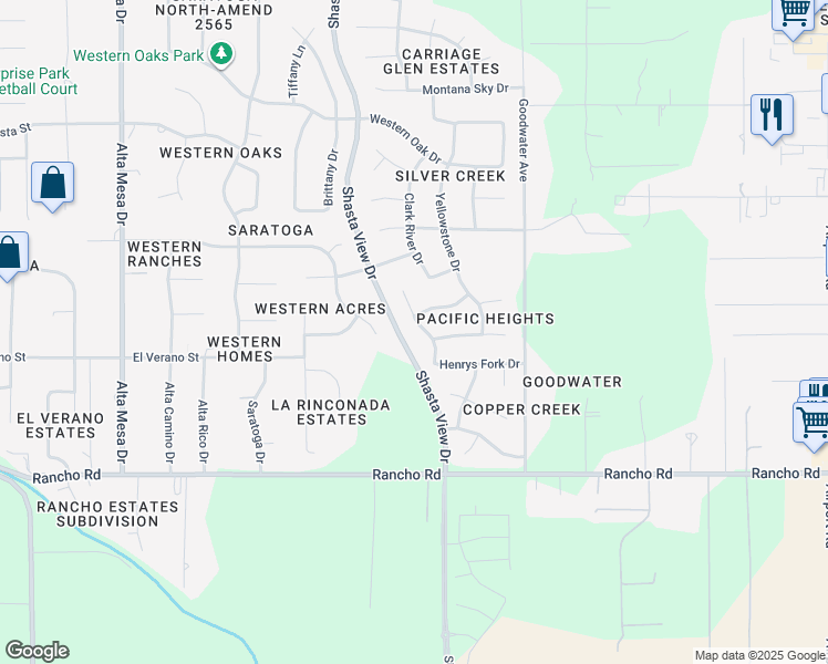 map of restaurants, bars, coffee shops, grocery stores, and more near 4660 Big Horn Drive in Redding