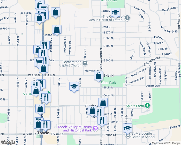 map of restaurants, bars, coffee shops, grocery stores, and more near 290 Marvista Lane in Tooele
