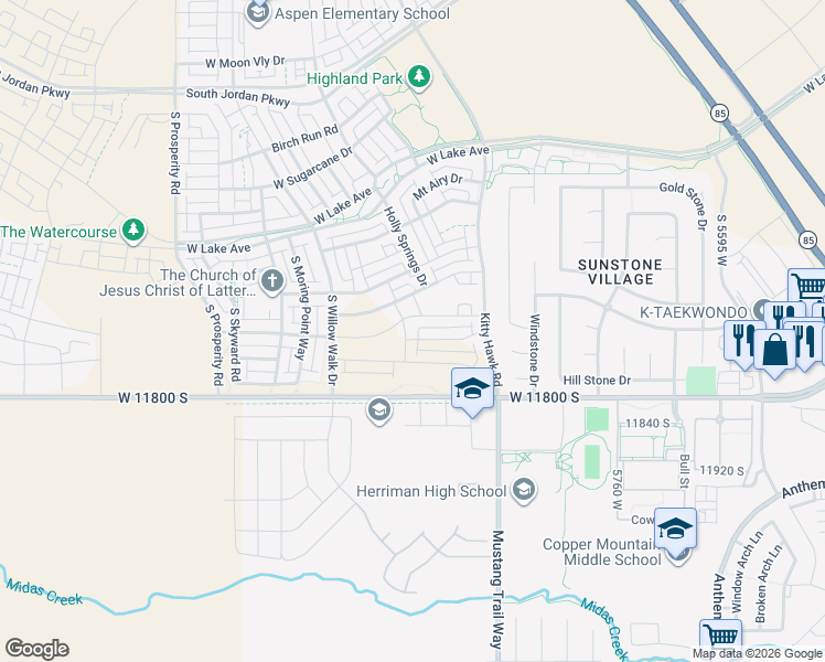 map of restaurants, bars, coffee shops, grocery stores, and more near 6192 Myers Lane in South Jordan