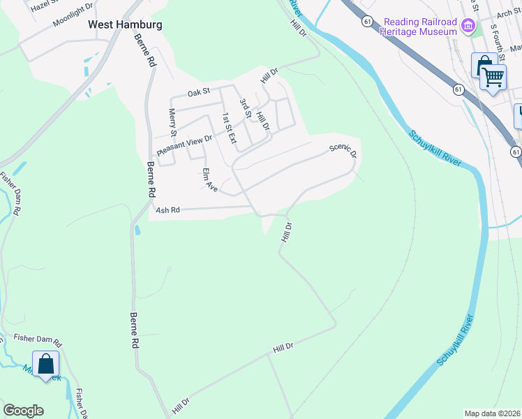 map of restaurants, bars, coffee shops, grocery stores, and more near 303 Hill Drive in Hamburg