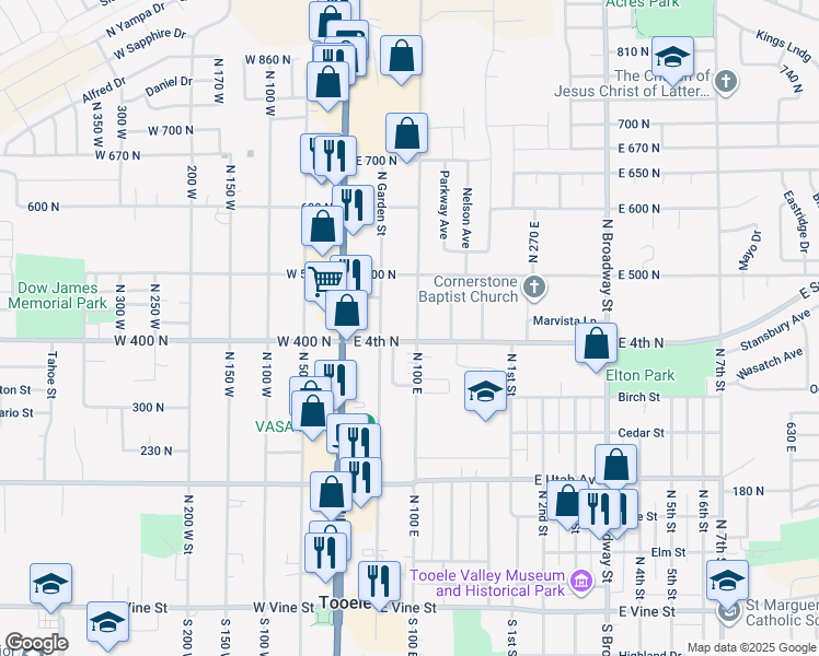 map of restaurants, bars, coffee shops, grocery stores, and more near 417 North 100 East in Tooele