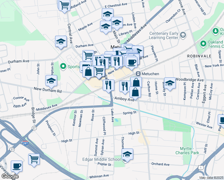 map of restaurants, bars, coffee shops, grocery stores, and more near 272 New Jersey 27 in Metuchen