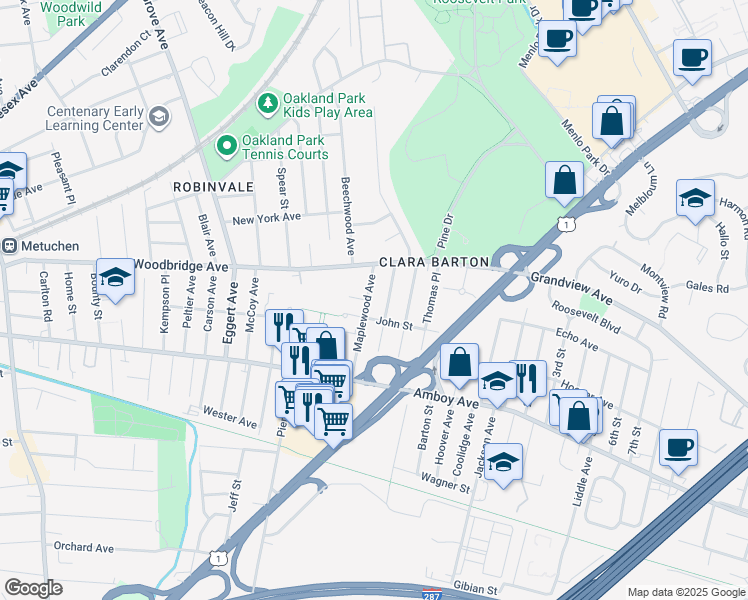 map of restaurants, bars, coffee shops, grocery stores, and more near 90 Maplewood Avenue in Edison
