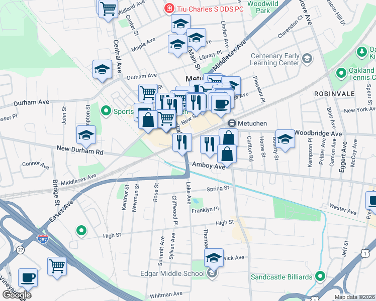 map of restaurants, bars, coffee shops, grocery stores, and more near 272 New Jersey 27 in Metuchen