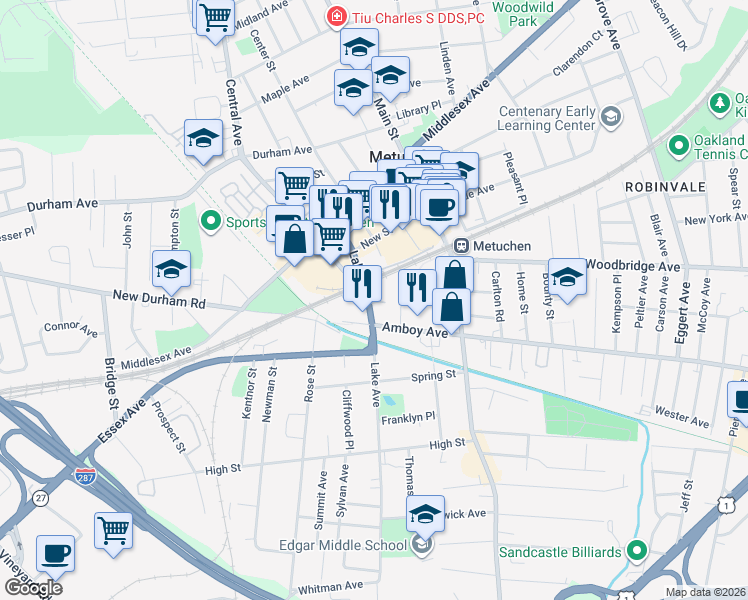 map of restaurants, bars, coffee shops, grocery stores, and more near 272 New Jersey 27 in Metuchen