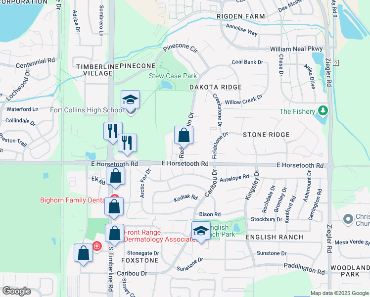 map of restaurants, bars, coffee shops, grocery stores, and more near 3506 Red Mountain Drive in Fort Collins