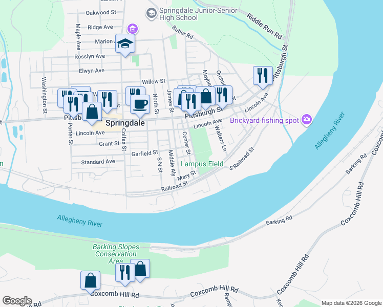 map of restaurants, bars, coffee shops, grocery stores, and more near 185 Center Street in Springdale