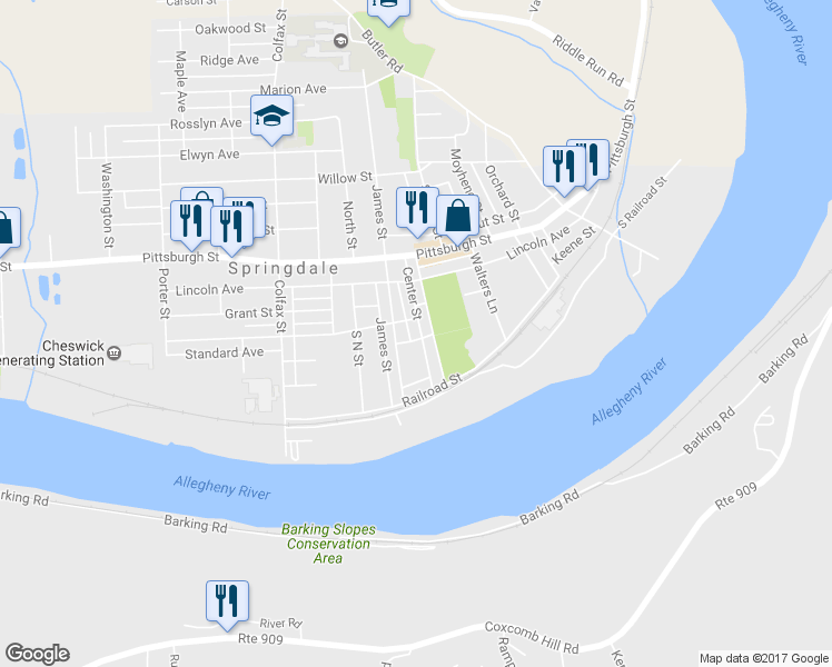 map of restaurants, bars, coffee shops, grocery stores, and more near 185 Center Street in Springdale