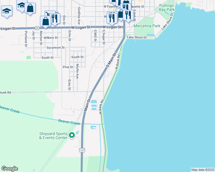 map of restaurants, bars, coffee shops, grocery stores, and more near 935 West Bank Road in Celina