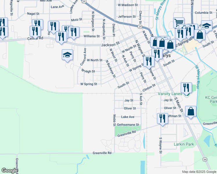 map of restaurants, bars, coffee shops, grocery stores, and more near 115 Guy Street in Saint Marys