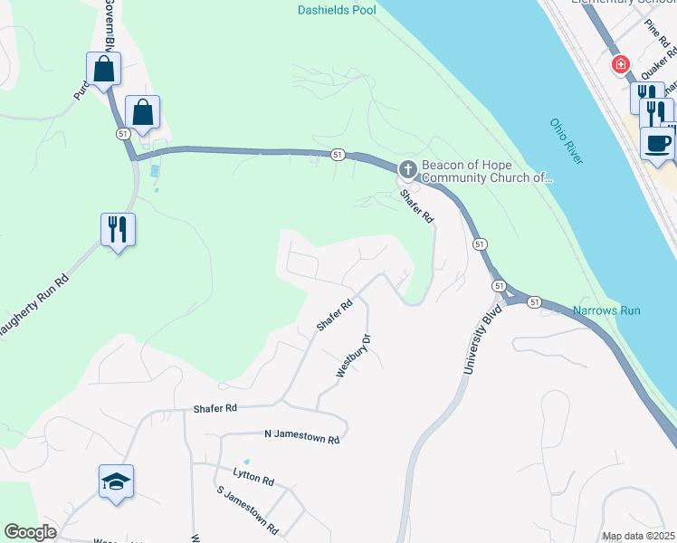 map of restaurants, bars, coffee shops, grocery stores, and more near 204 Westminster Drive in Coraopolis
